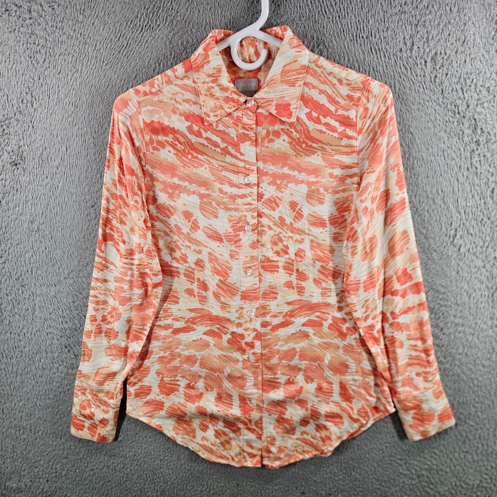 Chicos Womens 00 US 0/2 Orange Abstract Button Down Modal Long Sleeve Shirt Top